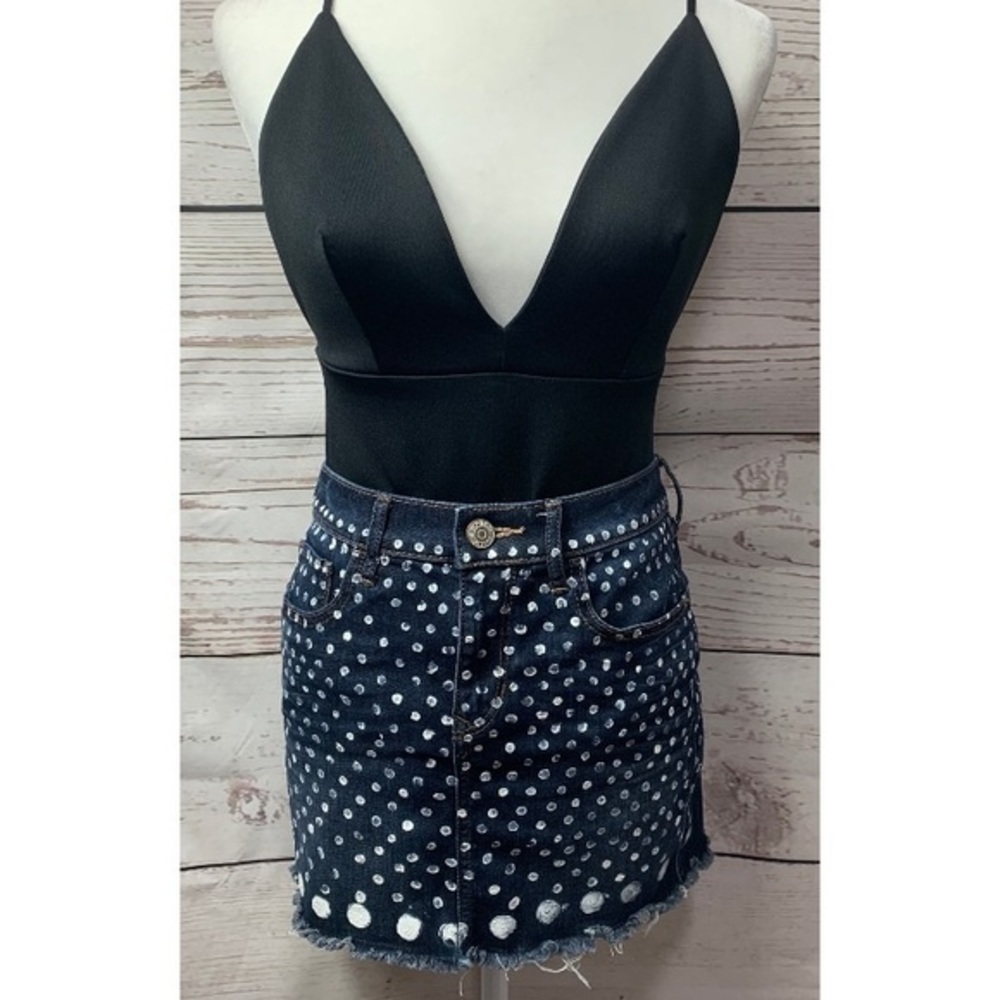 NWOT Express Distressed Denim Polka-Dot Skirt